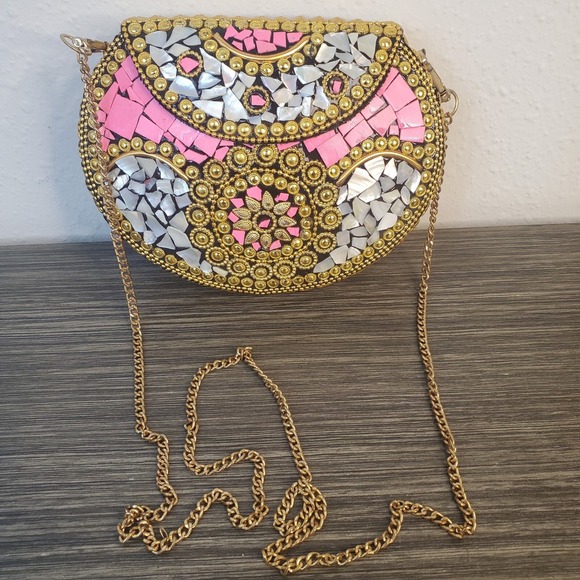 Ramla Handbags - RAMLA Pink Gold Beverly Hills Handmade Mosaic Moroccon Clutch/Shoulder Purse NEW